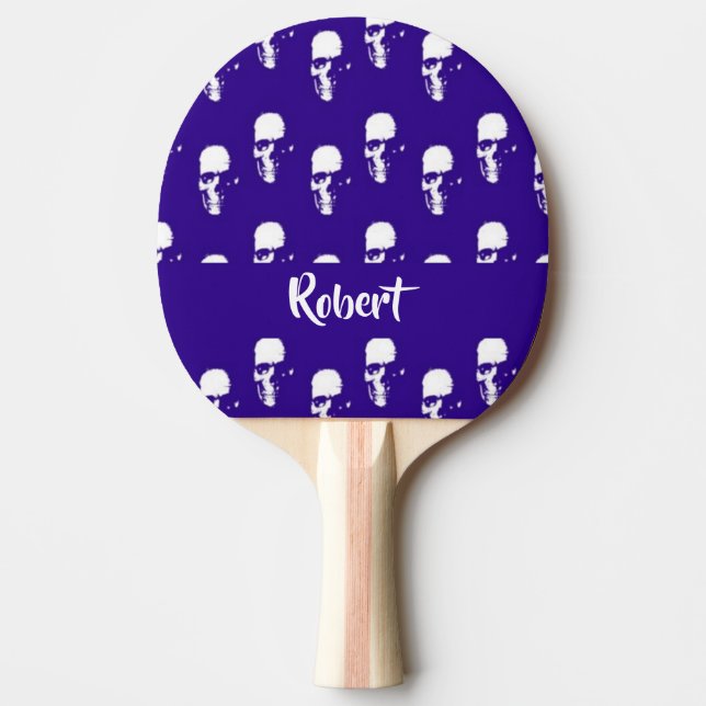 Custom name skulls on blue ping pong paddle (Front)