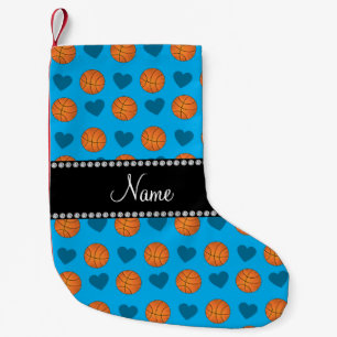 Custom name sky blue basketballs and hearts small christmas stocking