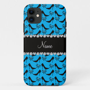 Custom name sky blue black high heels bow diamond iPhone 11 case