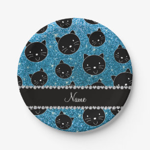 Custom name sky blue glitter black cat faces paper plate