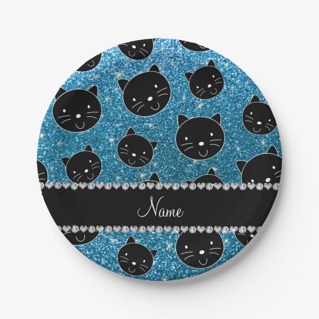 Custom name sky blue glitter black cat faces paper plate (Front)