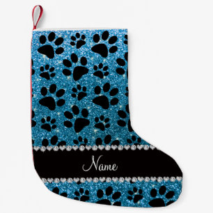 Custom name sky blue glitter black dog paws small christmas stocking
