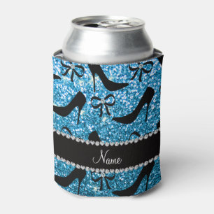 Custom name sky blue glitter black high heels bow can cooler