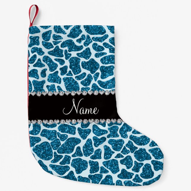Custom name sky blue glitter giraffe small christmas stocking (Front)