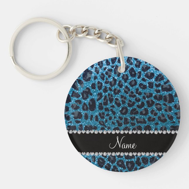 Custom name sky blue glitter leopard print key ring (Front)