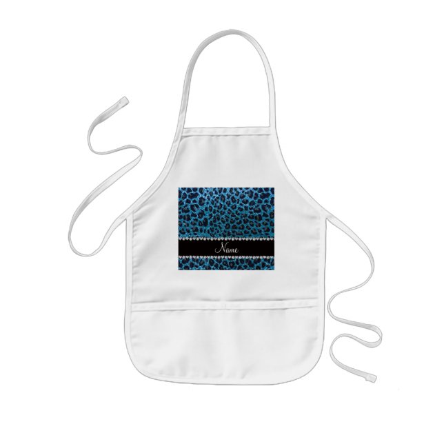 Custom name sky blue glitter leopard print kids apron (Front)