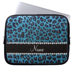 Custom name sky blue glitter leopard print laptop sleeve