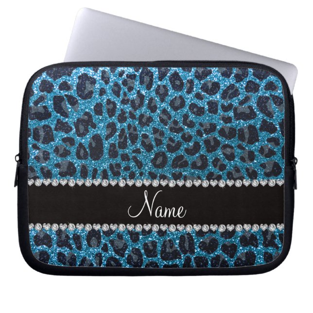 Custom name sky blue glitter leopard print laptop sleeve (Front)