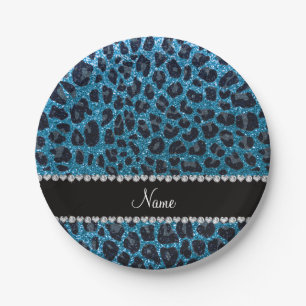 Custom name sky blue glitter leopard print paper plate