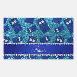 Custom name sky blue glitter police box rectangular sticker