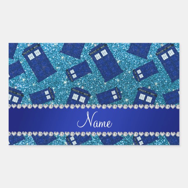 Custom name sky blue glitter police box rectangular sticker (Front)