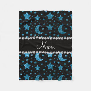 Custom name sky blue glitter stars and moons fleece blanket