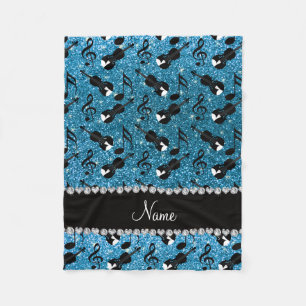 Custom name sky blue glitter violins music notes fleece blanket