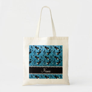 Custom name sky blue glitter violins music notes tote bag
