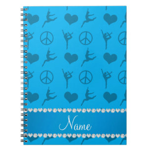 Custom name sky blue gymnastics hearts peace sign notebook