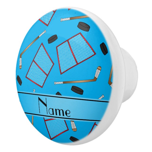 Custom name sky blue hockey sticks pucks nets ceramic knob (Right)