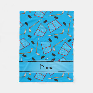 Custom name sky blue hockey sticks pucks nets fleece blanket
