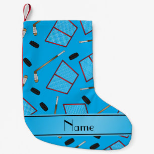 Custom name sky blue hockey sticks pucks nets small christmas stocking