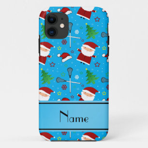Custom name sky blue lacrosse christmas pattern iPhone 11 case