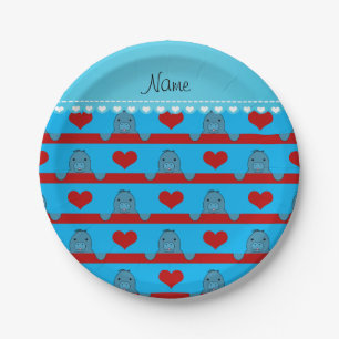 Custom name sky blue manatees red hearts stripes paper plate