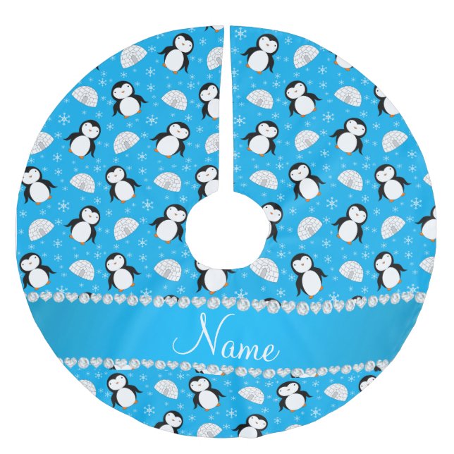 Custom name sky blue penguins igloos snowflakes brushed polyester tree skirt (Front)