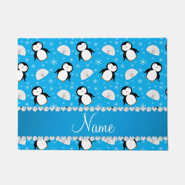 Custom name sky blue penguins igloos snowflakes doormat (Front)