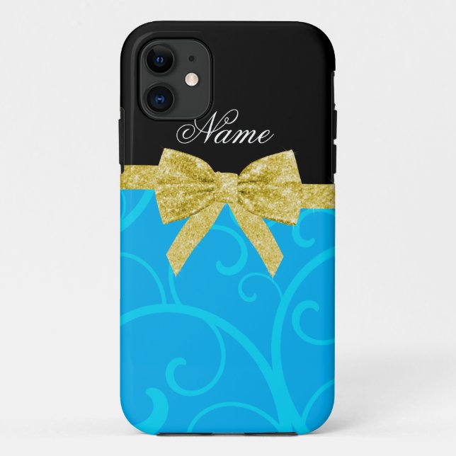 Custom name sky blue swirls gold glitter bow Case-Mate iPhone case (Back)