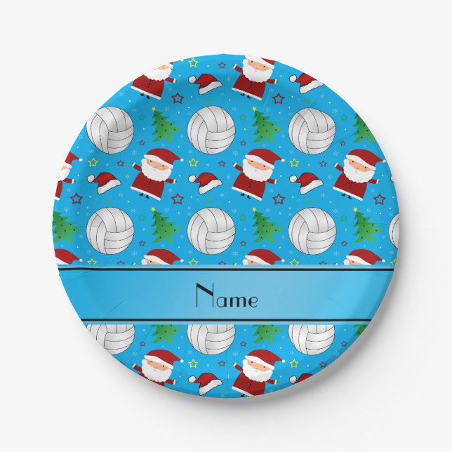 Custom name sky blue volleyball christmas pattern paper plate (Front)