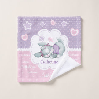 Custom name Sleeping Bunny in pink and purple Bath Towel Set