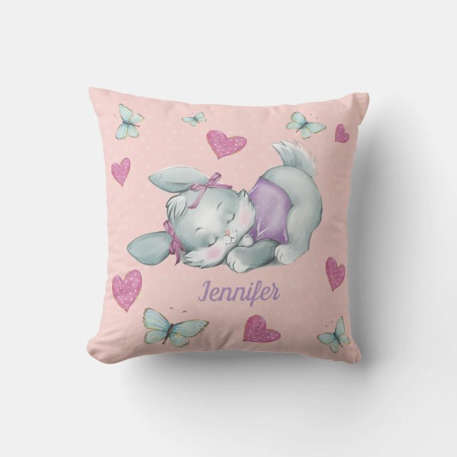 Custom name Sleeping Bunny in pink and purple Cushion (Front)