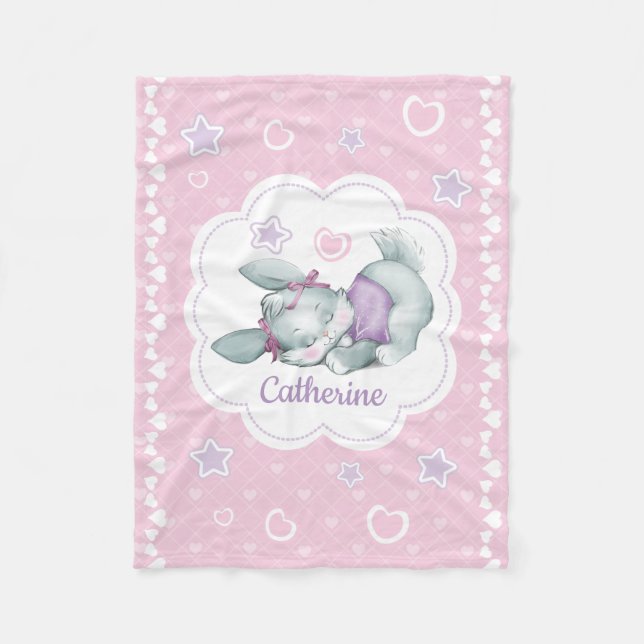 Custom name Sleeping Bunny in pink and purple Fleece Blanket (Front)