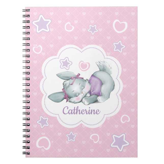 Custom name Sleeping Bunny in pink and purple Notebook (Front)