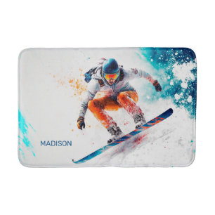 Custom Name Snowboarder Illustration Bath Mat
