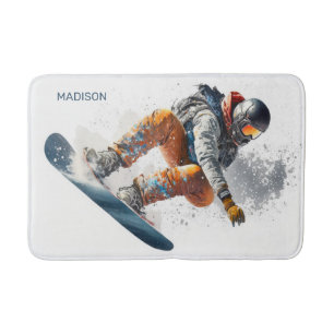Custom Name Snowboarder Illustration Bath Mat