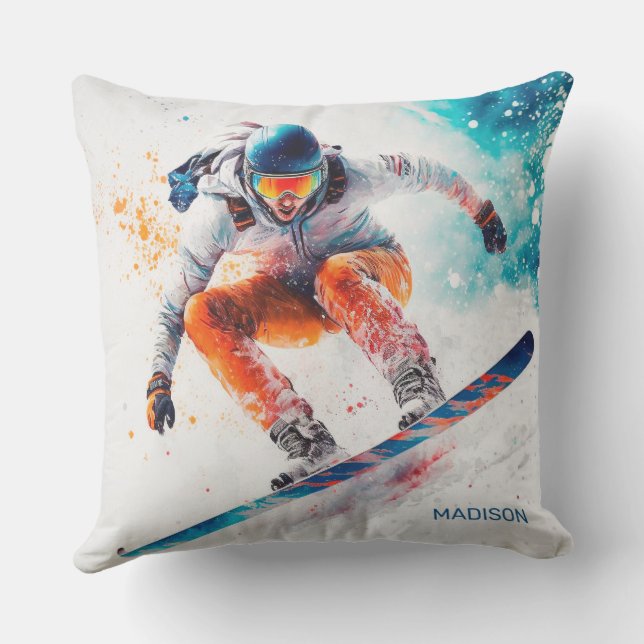 Custom Name Snowboarder Illustration Cushion (Back)