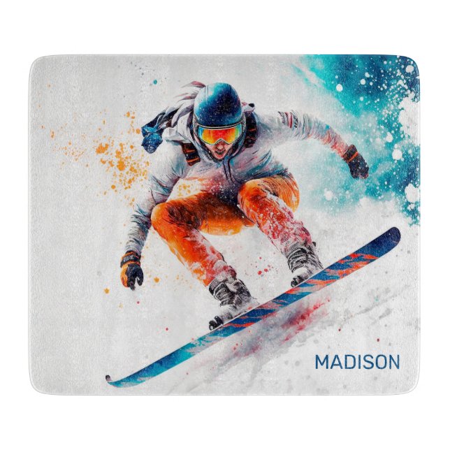 Custom Name Snowboarder Illustration Cutting Board (Front)