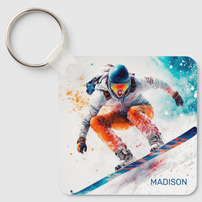 Custom Name Snowboarder Illustration Key Ring (Front)