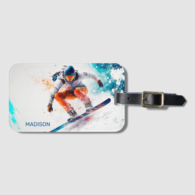 Custom Name Snowboarder Illustration Luggage Tag (Front Horizontal)