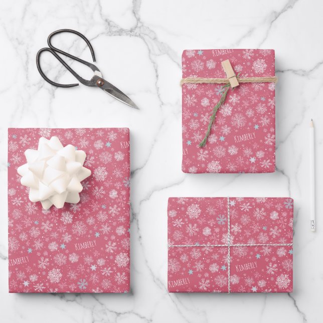 Custom Name Snowflakes Pink Christmas Wrapping Paper Sheet (Front)