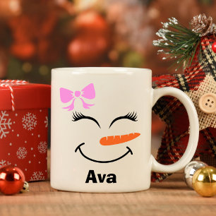 Custom Name Snowman Snowgirl Pink Bow Coffee Mug