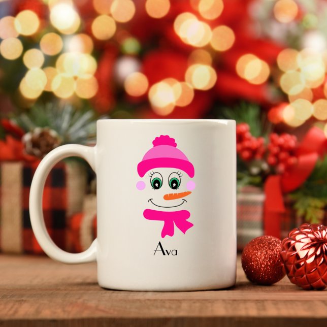 Custom Name Snowman Snowgirl Pink Hat and Scarf Coffee Mug (Creator Uploaded)