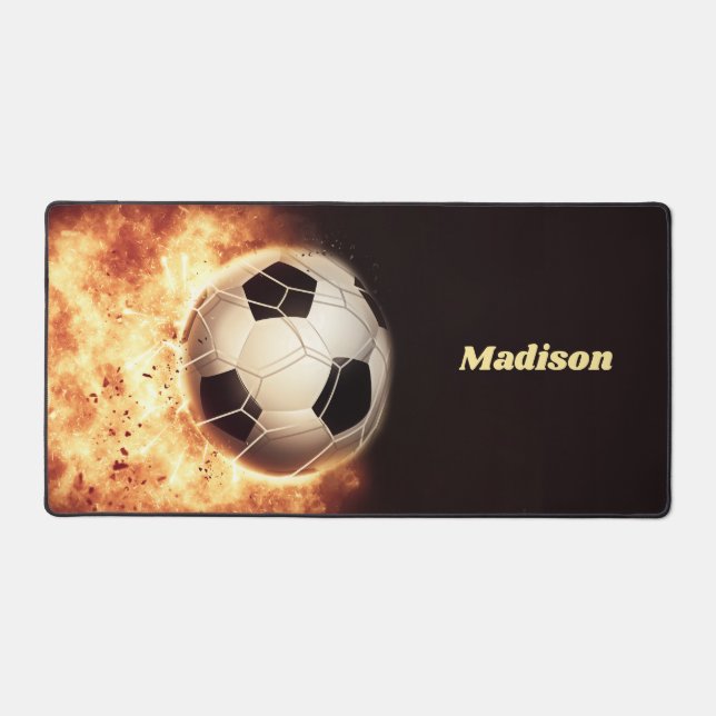 Custom Name Soccer Goal in Flames Desk Mat (Front)