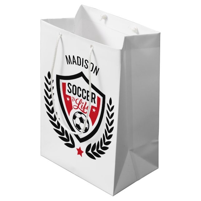 Custom name Soccer Logo gift bag (Front Angled)