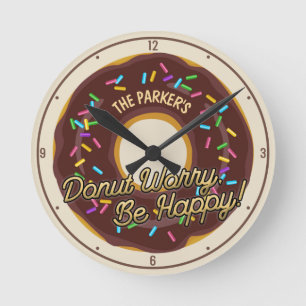 Custom NAME Soft Chocolate Doughnut Rainbow Sprink Round Clock