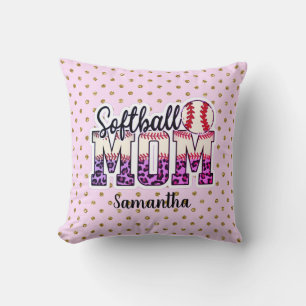 Custom Name Softball Mom   Pink and Gold Polka Dot Cushion