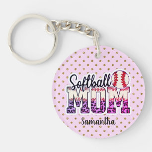 Custom Name Softball Mom Pink and Gold Polka Dot Key Ring