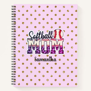 Custom Name Softball Mom   Pink and Gold Polka Dot Notebook