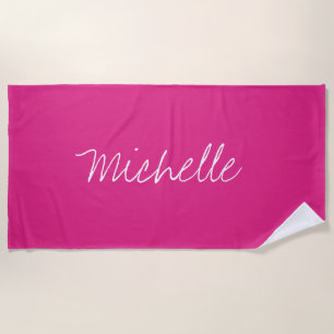 Custom Name Solid Magenta Pink Beach Towel