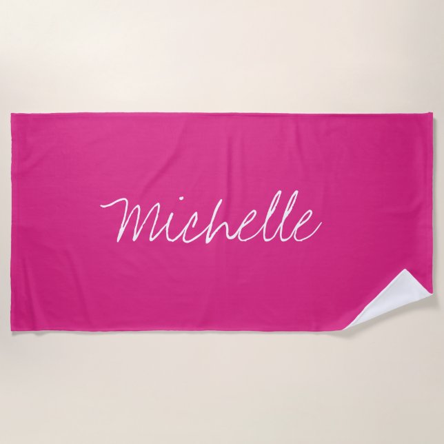 Custom Name Solid Magenta Pink Beach Towel (Front)