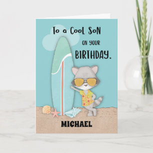 Custom Name Son Birthday Beach Funny Cool Racoon Card